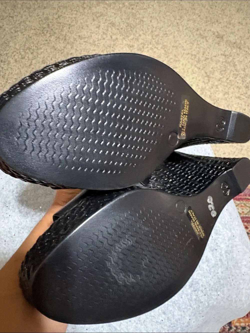 Toscanella Black Wedge Sandals with Gold Buckle Accent